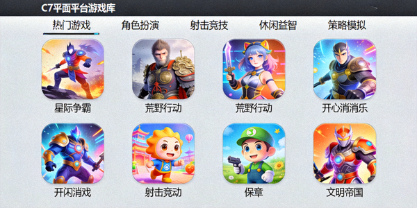 C7娱乐平台游戏库页面截图，展示多种分类的热门游戏图标