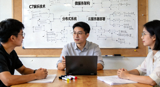 C7娱乐技术团队协作讨论项目，白板上写满技术架构图