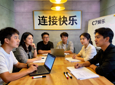C7娱乐团队围坐在会议室讨论未来愿景，墙上挂着‘连接快乐’的标语