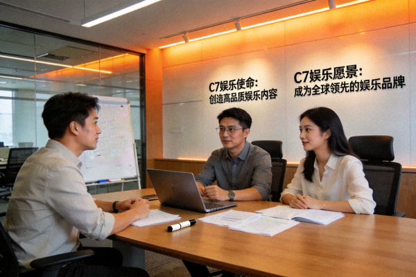 C7娱乐团队会议讨论场景，背景为现代化办公室与使命愿景墙
